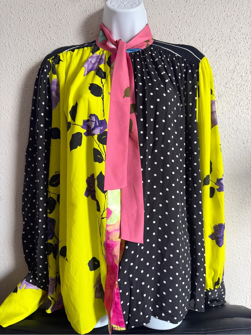 MSGM Yellow, Black & Pink Mixed-Print Tie-Neck Blouse Jacket